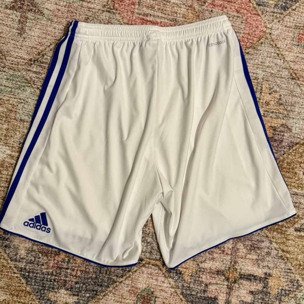 Adidas MidWest United White Athletic Soccer Shorts with Blue Stripes